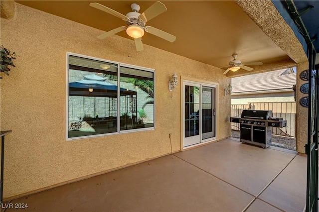 view of patio / terrace featuring ceiling fan, fence, and area for grilling