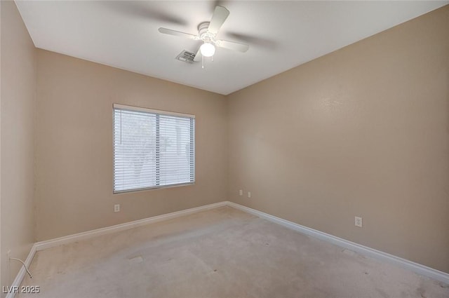 unfurnished room with light carpet, baseboards, visible vents, and ceiling fan