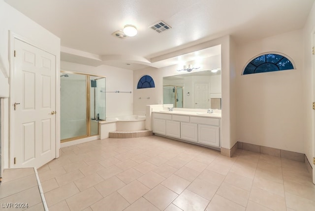 bathroom with vanity, tile patterned floors, and separate shower and tub