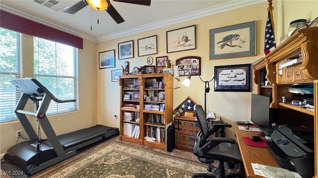 office area featuring ceiling fan and crown molding