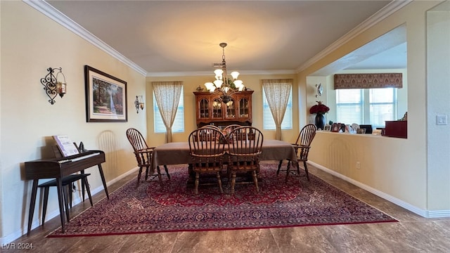 dining room with an inviting chandelier and crown molding