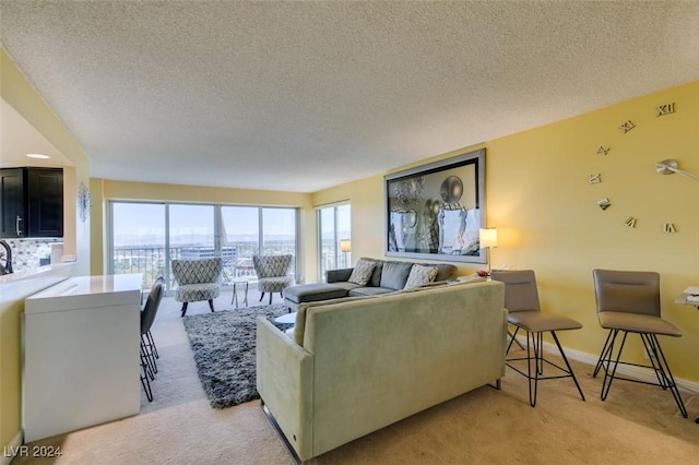 carpeted living room featuring a textured ceiling