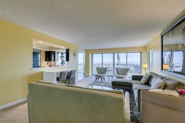 living room featuring light carpet, a textured ceiling, a healthy amount of sunlight, and sink