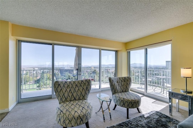 carpeted living room featuring a textured ceiling