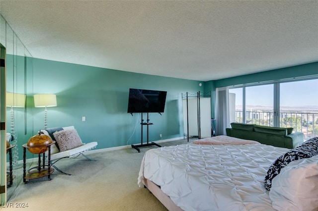 bedroom with carpet floors and a textured ceiling