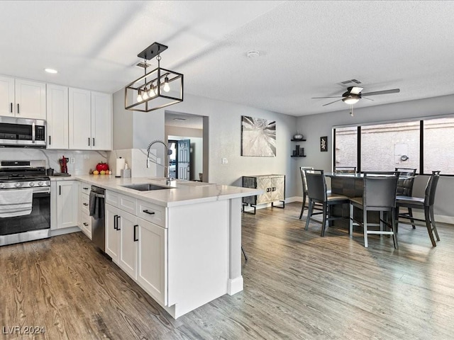 kitchen with sink, white cabinets, ceiling fan, hanging light fixtures, and appliances with stainless steel finishes