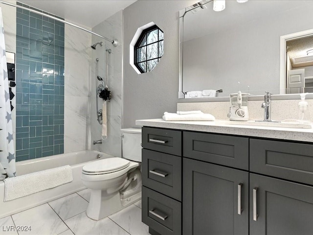 full bathroom with toilet, vanity, and shower / bathtub combination with curtain