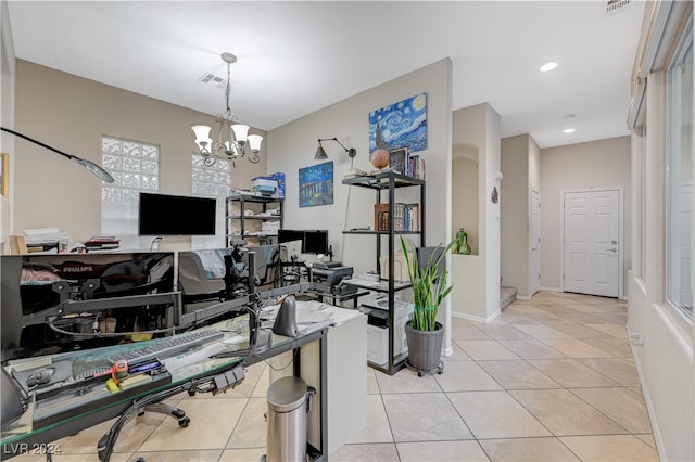 office with a notable chandelier and light tile patterned floors