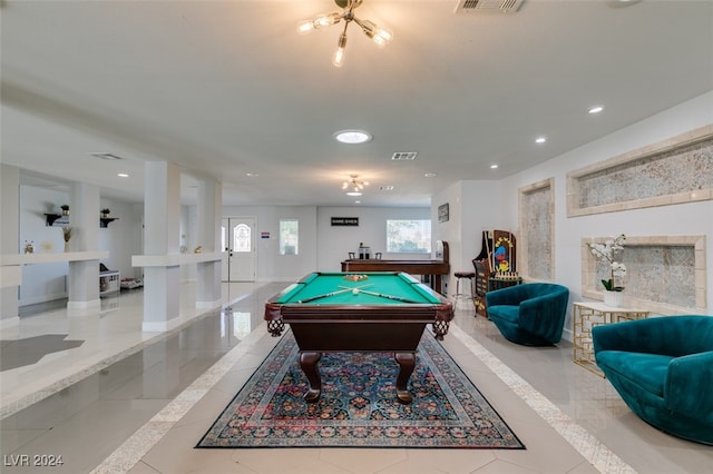 playroom featuring pool table and light tile patterned floors