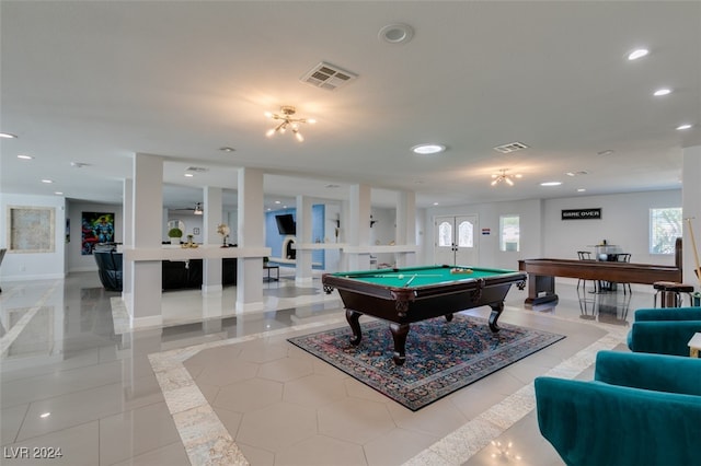 rec room featuring light tile patterned floors and pool table