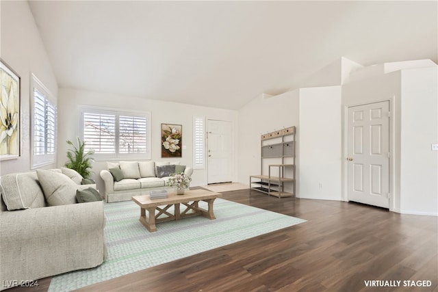 living room with lofted ceiling and dark wood-type flooring