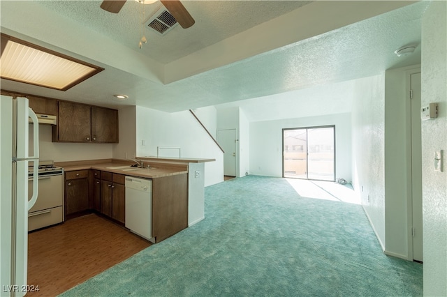 kitchen with sink, white appliances, a textured ceiling, and light colored carpet