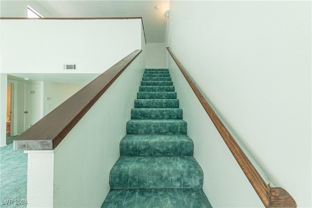 stairs featuring carpet flooring