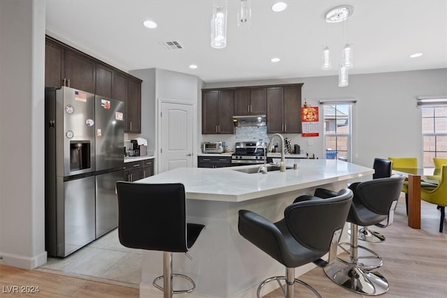 kitchen featuring appliances with stainless steel finishes, light hardwood / wood-style floors, decorative light fixtures, and a center island with sink