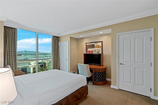 carpeted bedroom featuring a mountain view and ornamental molding