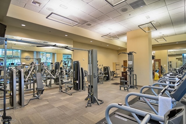 exercise room featuring light colored carpet