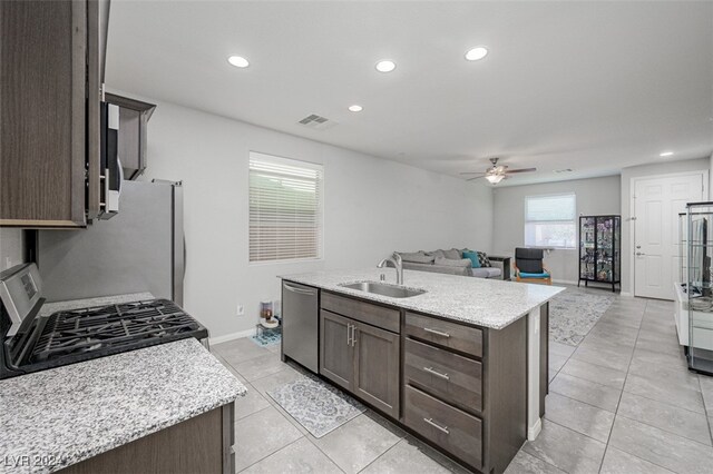 2675 Chinaberry Hill St, Laughlin, NV 89029 - kitchen featuring a sink, appliances with stainless steel finishes, recessed lighting, dark brown cabinets, and ceiling fan