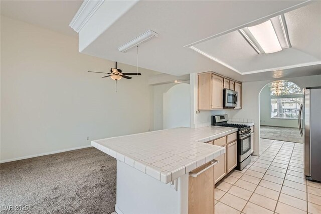 kitchen featuring a peninsula, light carpet, arched walkways, and stainless steel appliances