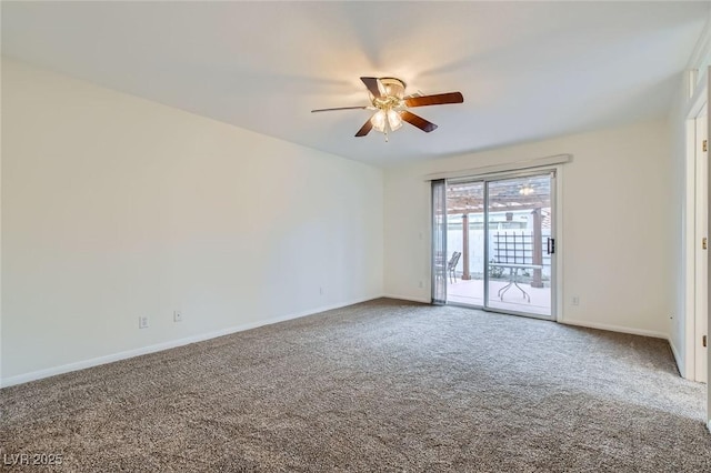 unfurnished room featuring baseboards, carpet, and ceiling fan