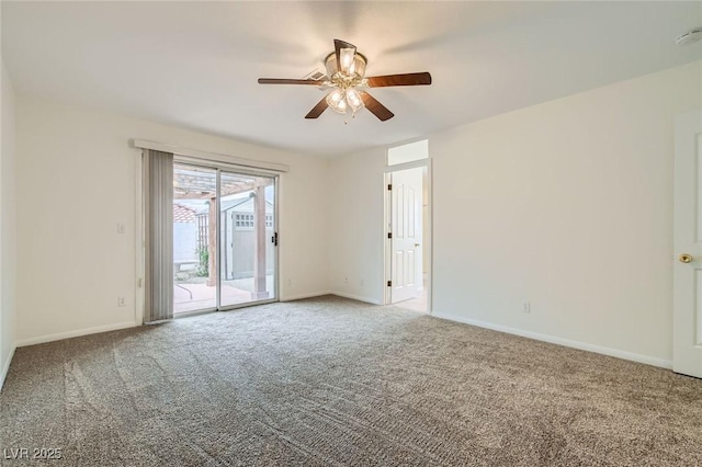 unfurnished room featuring baseboards, carpet floors, and ceiling fan