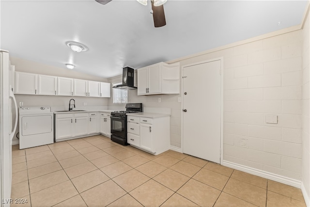 kitchen featuring white cabinets, sink, wall chimney exhaust hood, black range with gas cooktop, and washer / clothes dryer