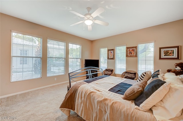 bedroom with ceiling fan and carpet floors