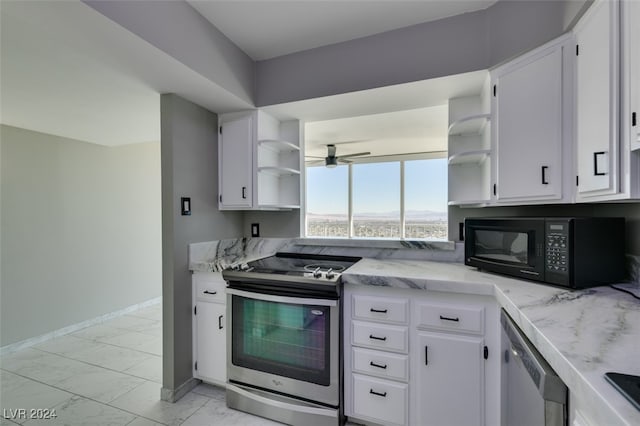 kitchen featuring white cabinetry, appliances with stainless steel finishes, and ceiling fan