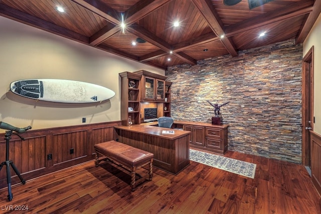 office area with dark hardwood / wood-style flooring, wooden ceiling, and coffered ceiling