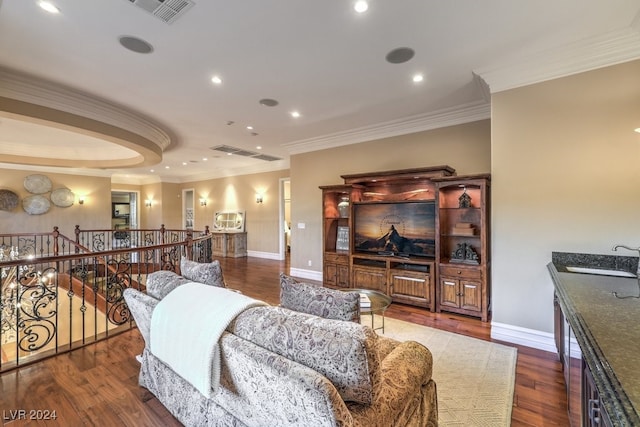 living room featuring dark hardwood / wood-style floors, crown molding, and sink