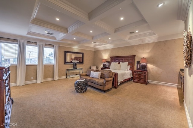 bedroom with light carpet, crown molding, and coffered ceiling