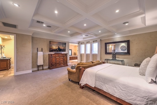 bedroom featuring beamed ceiling, light colored carpet, crown molding, and coffered ceiling