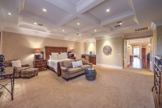 bedroom with light carpet, beam ceiling, ornamental molding, and coffered ceiling