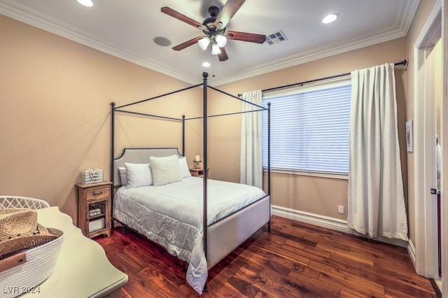 bedroom with dark hardwood / wood-style floors, ceiling fan, and crown molding