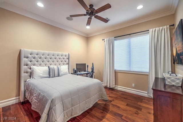 bedroom with ceiling fan, ornamental molding, and dark wood-type flooring