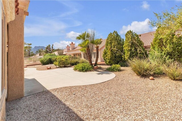 view of yard with a patio area and a mountain view