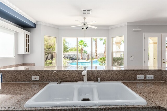 kitchen with ornamental molding, ceiling fan, sink, and a healthy amount of sunlight