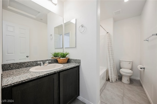 full bathroom with toilet, vanity, tile patterned floors, and shower / bathtub combination with curtain