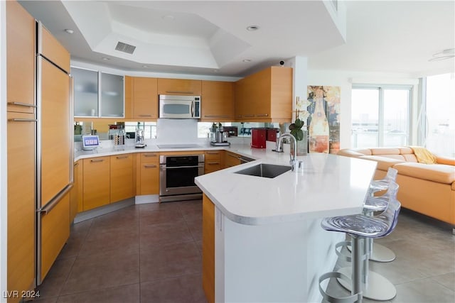 kitchen featuring sink, stainless steel appliances, a tray ceiling, a kitchen bar, and kitchen peninsula