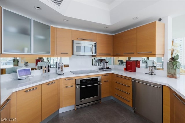 kitchen with appliances with stainless steel finishes, a healthy amount of sunlight, and dark tile patterned flooring