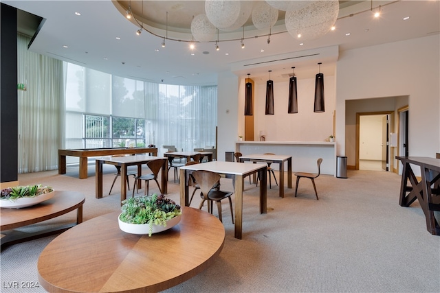 dining room with rail lighting and light carpet