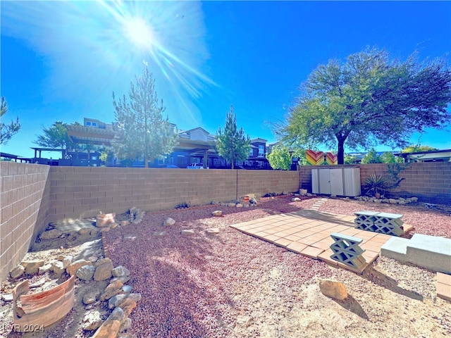 view of yard with a shed and a patio