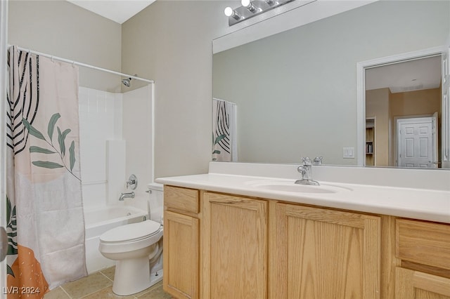 full bathroom with vanity, tile patterned flooring, toilet, and shower / bath combination with curtain