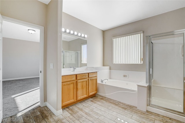 bathroom with wood-type flooring, plus walk in shower, and vanity