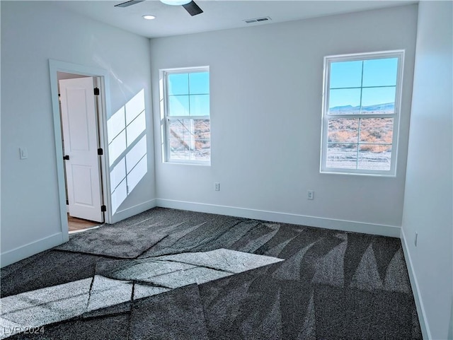 carpeted spare room featuring ceiling fan and a healthy amount of sunlight