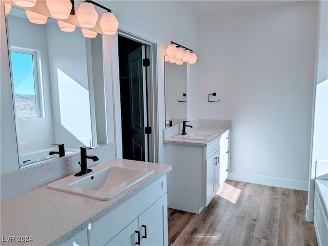 bathroom with vanity, a bathing tub, and hardwood / wood-style flooring