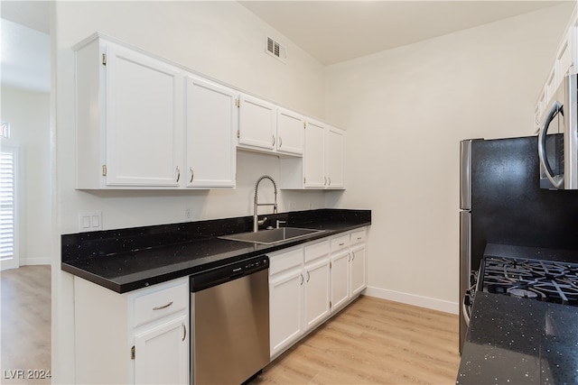 kitchen featuring white cabinetry, light wood-type flooring, stainless steel appliances, and sink