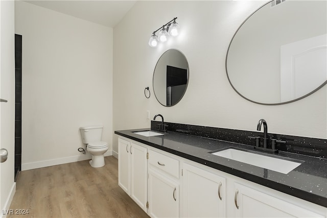 bathroom featuring toilet, vanity, and hardwood / wood-style flooring