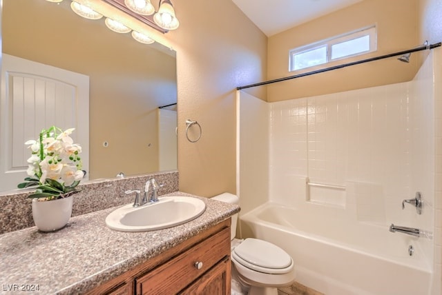 full bathroom with toilet, vanity, and bathing tub / shower combination