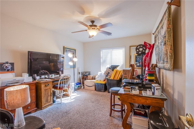 carpeted office with ceiling fan