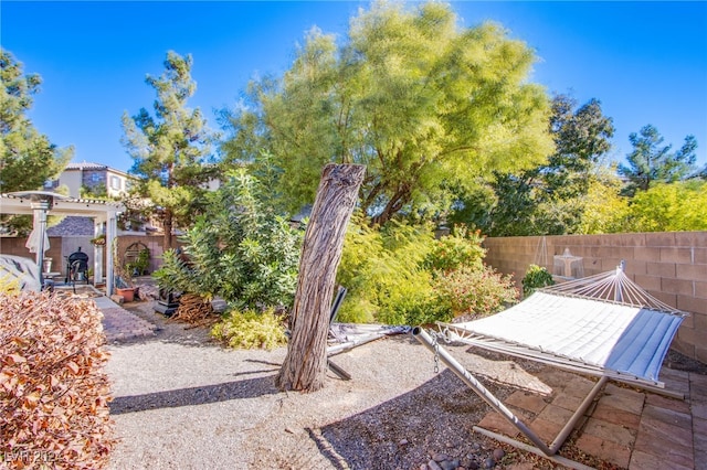 view of yard with a pergola and a patio